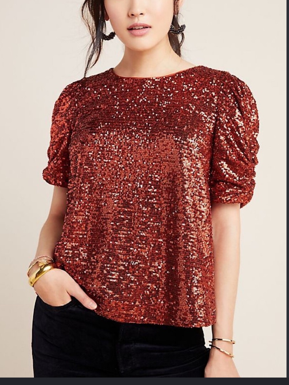 Anthropologie Copper Sequin Short-Sleeve Blouse